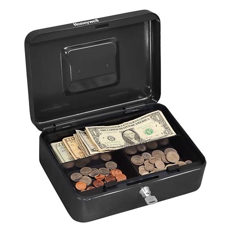 small silver steel cash box with key hole on top|Honeywell Small Steel Cash Box with Removable Tray.